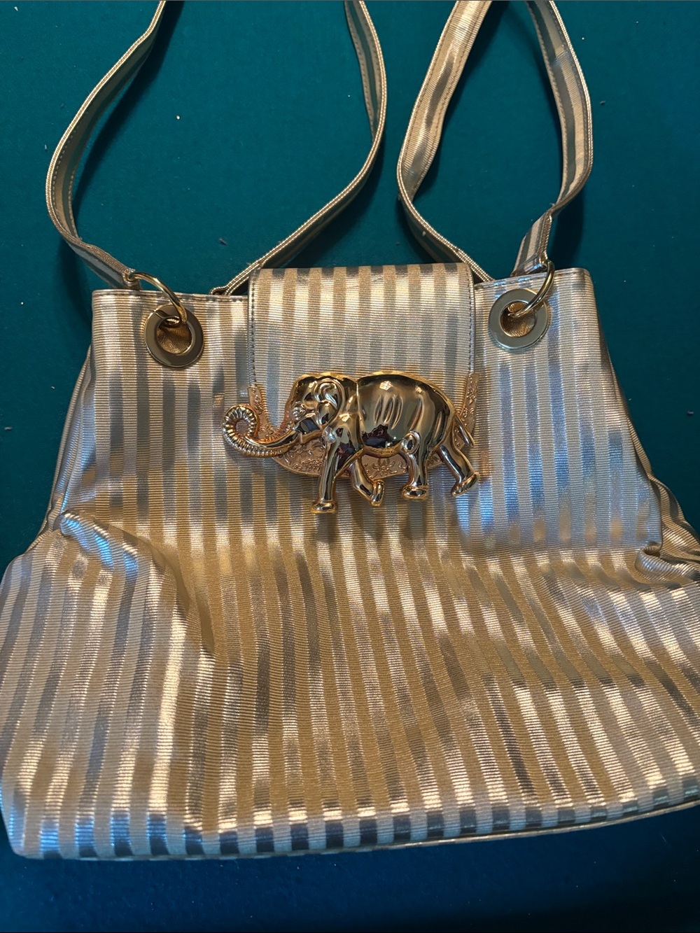 Gold Metallic Stripe Tote with Elephant Accent